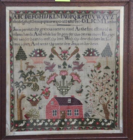 A 19th century needlework alphabet sampler, overall 22in.